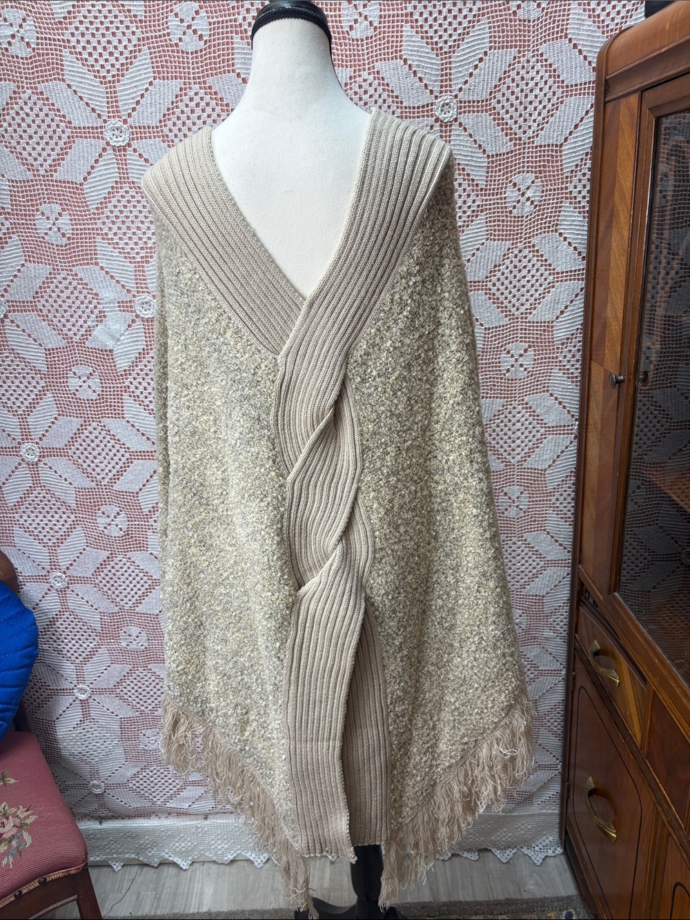 Wool Blend Fringe Poncho - Picture 6 of 10